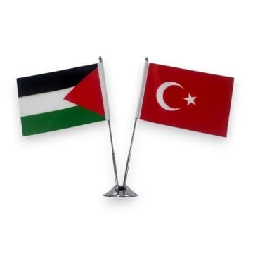 2 li Filistin ve Türk Masa Bayrağı - Çift Direkli Masa Üstü Bayrak