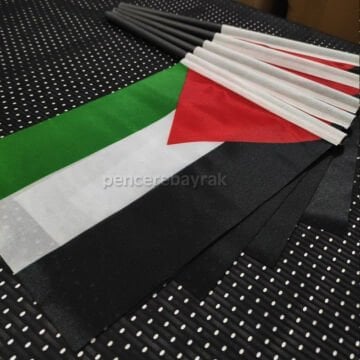 10 adet Filistin Bayrağı 20x30 Cm Raşel Kumaşa Baskılı Plastik Sopalı Elde Sallama Bayrak