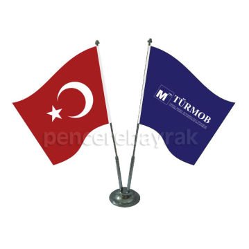 Türmob Logolu ve Türk Bayraklı İki Direkli Masa Bayrağı (15x22,5 cm)