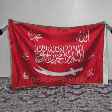Zülfikar ve Dört Halife Yazılı Osmanlı Tarzı Tevhid Bayrağı - 150x225 cm - Saten Kumaş, Püsküllü
