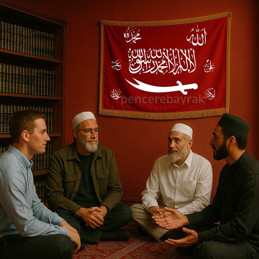 Zülfikar ve Dört Halife Yazılı Osmanlı Tarzı Tevhid Bayrağı - 150x225 cm - Saten Kumaş, Püsküllü