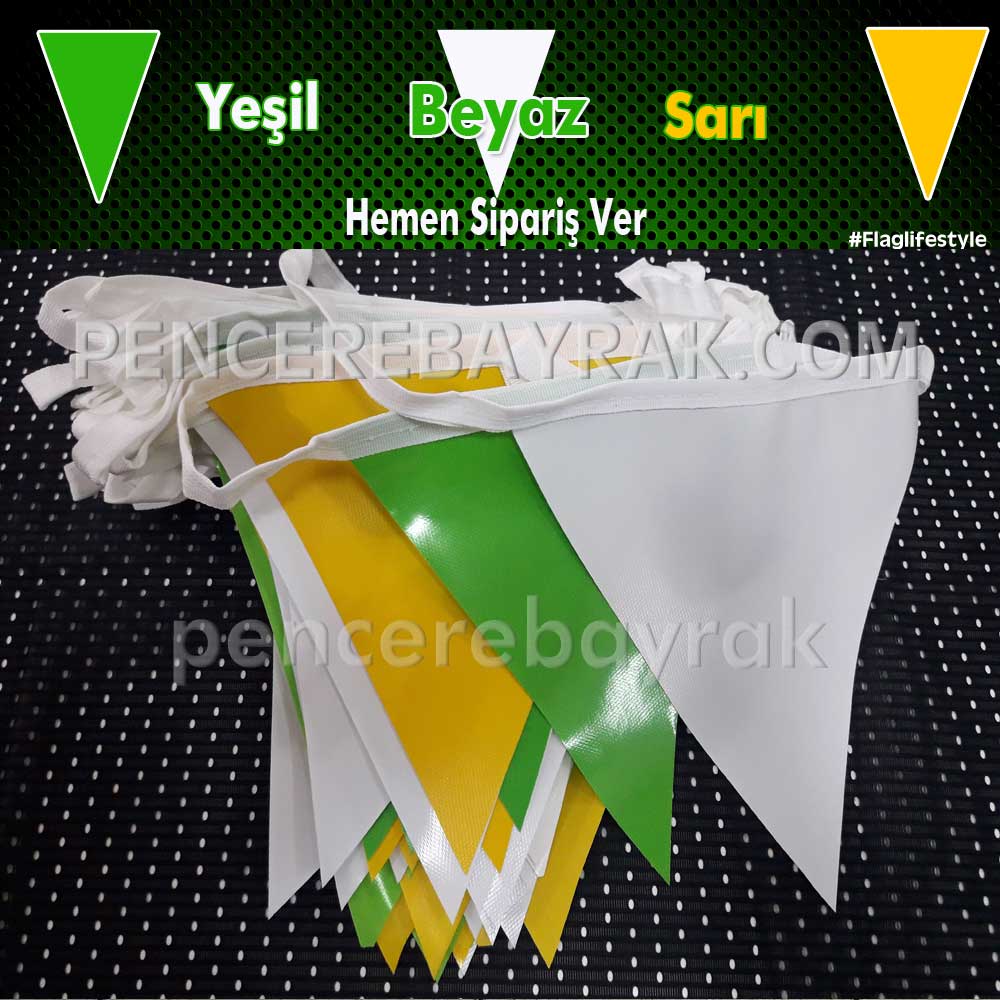 yeşil beyaz sarı ipe dizili üçgen süsleme bayrak