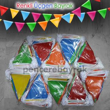 Renkli Üçgen Bayrak | Vinil Branda | 25 Metre İpe Dizili Süsleme Bayrak