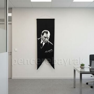 Atatürk Portreli Siyah Kırlangıç Bayrağı 50x150 cm Saten Baskılı