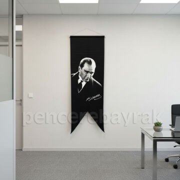 Atatürk Portreli Siyah Kırlangıç Bayrağı 50x150 cm Saten Baskılı
