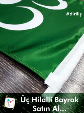 Üç Hilalli Bayrak – 100x150 cm | Çift Kat Lüks Kumaş | Yeşil Zemin