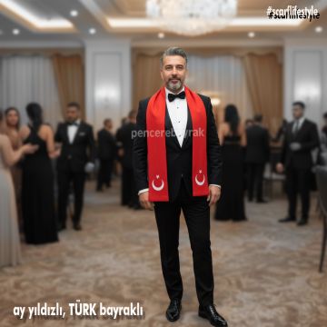 Ay Yıldızlı Saten Atkı | Özel Kumaş Uzun Kesim (16x200 cm)