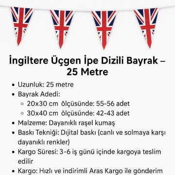 İngiltere ( İpe Dizili Üçgen Bayrak ) 25 Metre