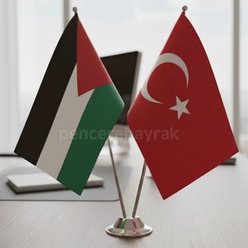 2 li Filistin ve Türk Masa Bayrağı - Çift Direkli Masa Üstü Bayrak