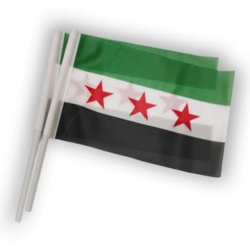 100 Adet Plastik Sopalı Özgür Suriye Bayrağı - 20x30 cm Raşel Kumaşa Baskılı